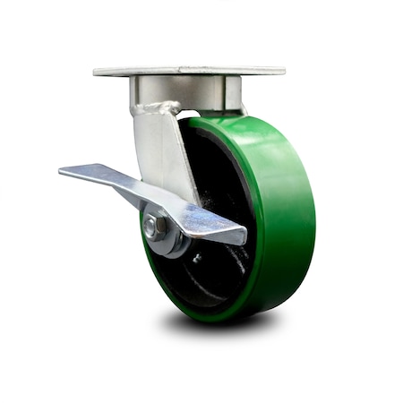 Service Caster 6 Inch Kingpinless Green Poly on Steel Wheel Swivel Caster with Brake SCC SCC-KP30S620-PUR-GB-SLB